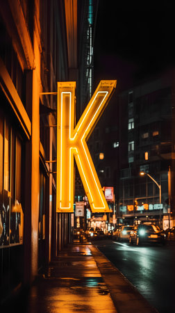 Neon sign of K on the street at night in Seattle, Washington.の素材