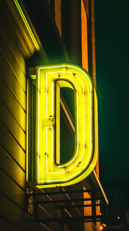 Neon sign in the shape of a letter D on a dark backgroundの素材