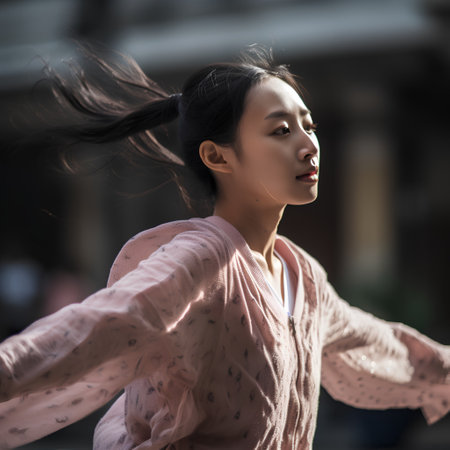 Portrait of a beautiful Asian woman with flying hair in the cityの素材