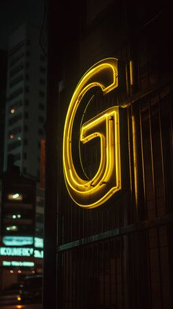 Glowing neon sign in the shape of a letter G at nightの素材