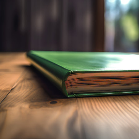 Green book on a wooden table in a cafe. Selective focus.の素材