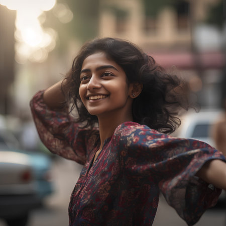 Portrait of a beautiful young woman with curly hair posing in the cityの素材