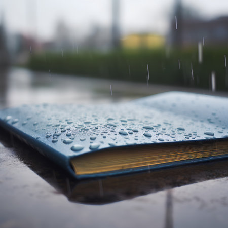 Book in the rain. Raindrops on the book. Selective focus.の素材