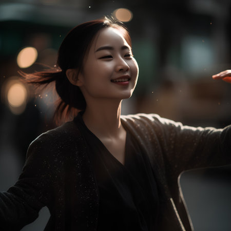Beautiful asian woman walking in the city at night with snowの素材