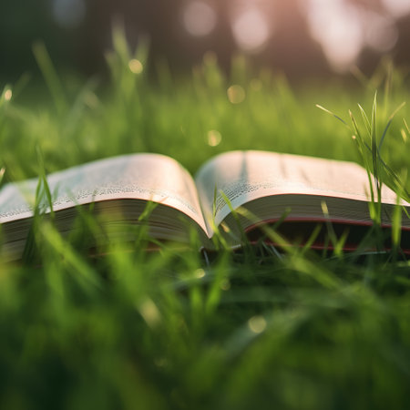 Open book on green grass in the morning light. Selective focus.の素材
