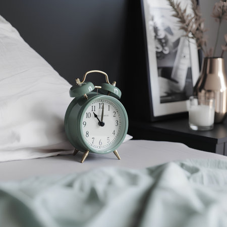 Green alarm clock on the bed in the morning. Selective focus.の素材