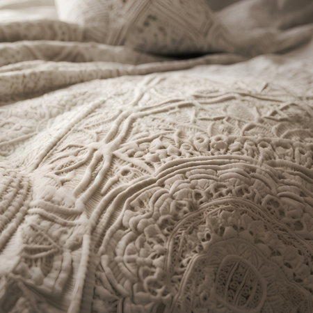 Close up of knitted woolen scarf on bed in sepia toneの素材