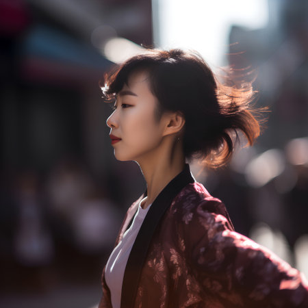 young japanese woman in kimono walking in the cityの素材