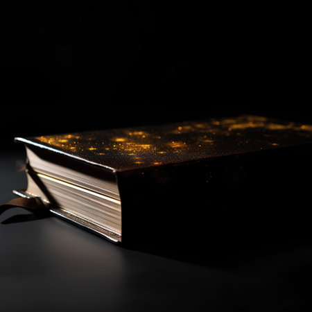 Book on a black background. The book is illuminated by the rays of light.の素材
