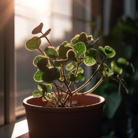 Little green plant in a pot on the windowsill at sunset.の素材