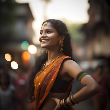 Beautiful indian woman in sari dancing at the street.の素材