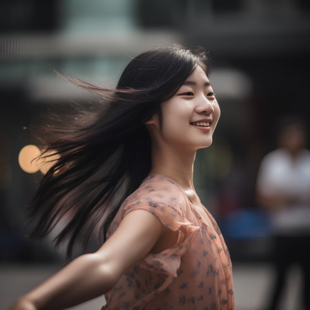 Portrait of a beautiful asian girl with flying hair in the cityの素材