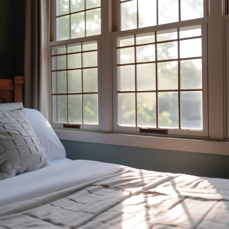 Bedroom interior with big window and sunlight. 3D Renderingの素材