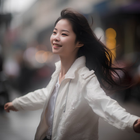 beautiful asian woman walking in the city with windy hairの素材