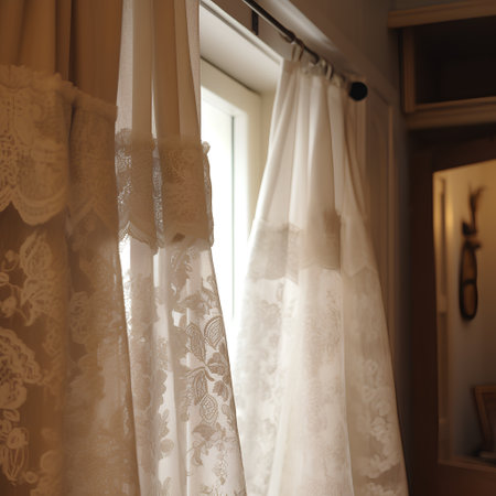 Lace curtains on the window in the morning. Selective focus.の素材