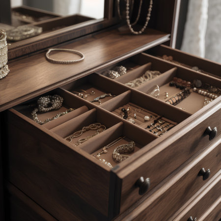 Wooden chest of drawers with jewelry, close-up.の素材