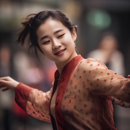 Beautiful asian woman in traditional Chinese dress dancing in the cityの素材