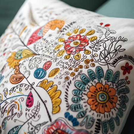 Colorful floral embroidery on the pillow. Handmade.の素材