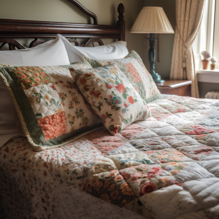 Bedroom interior with a bed covered with a patchwork quilt and pillowsの素材