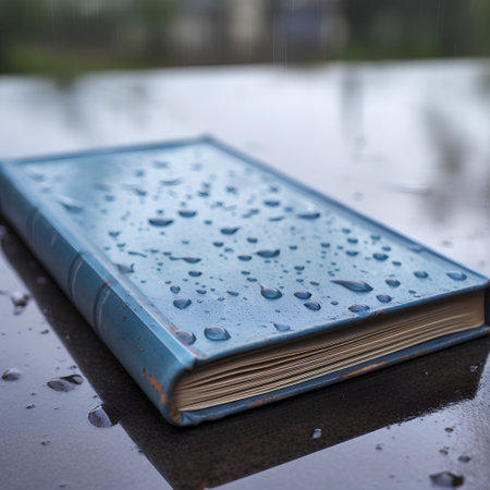 Blue book with water drops on a wet surface. Selective focus.の素材