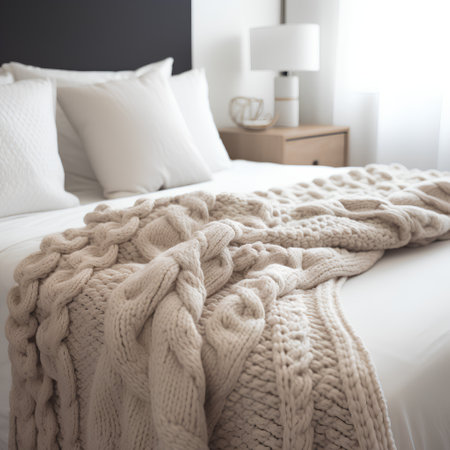 Cozy warm knitted plaid on the bed in cozy bedroom.の素材