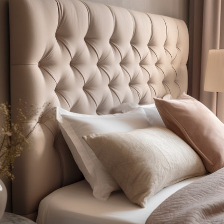 luxury bedroom with beige pillows on the bed, 3d renderの素材