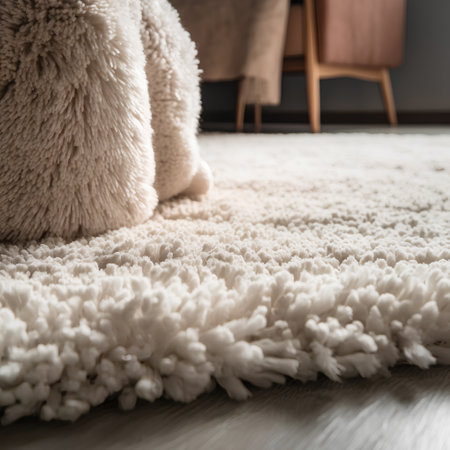 Close up of fur on carpet in living room. Cozy home conceptの素材
