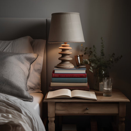 Lamp on a bedside table with books and a cup of coffeeの素材
