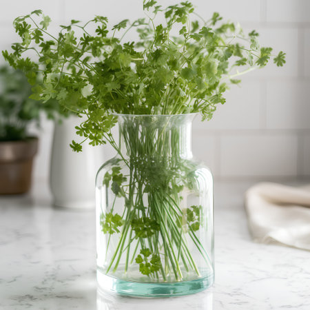 Fresh parsley in a glass vase on a white marble tableの素材