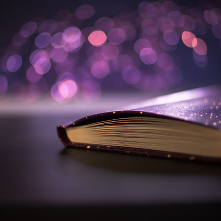 Open book with purple bokeh background. Vintage style tonedの素材