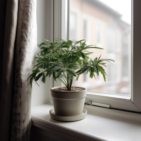 cannabis plant in a pot on the windowsill, vertical photoの素材