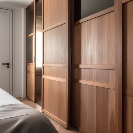 Interior of a hotel room with wooden doors and a bed. 3d renderingの素材