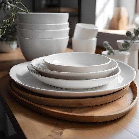 Set of white ceramic tableware on wooden table in modern kitchen.の素材