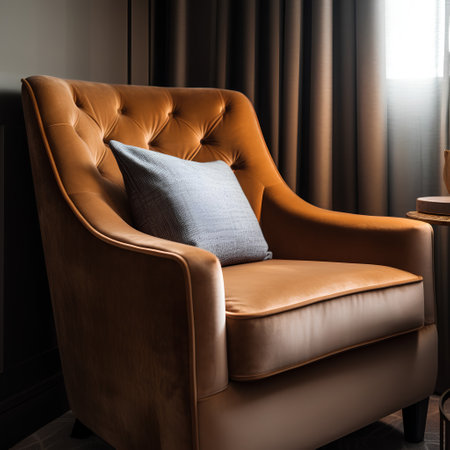 Luxury brown leather armchair with pillows in the living roomの素材