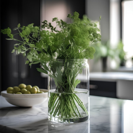 Fresh herbs in a glass vase on a kitchen countertop.の素材