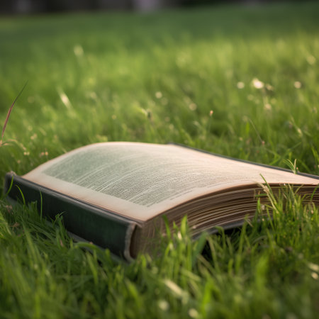 Open book lying on the grass in the park, shallow depth of fieldの素材