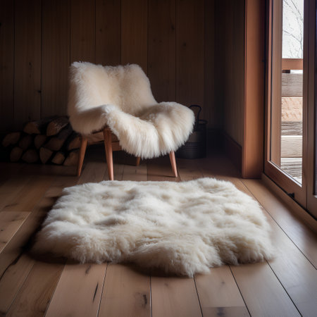 Comfortable armchair with white fur on the floor in a roomの素材