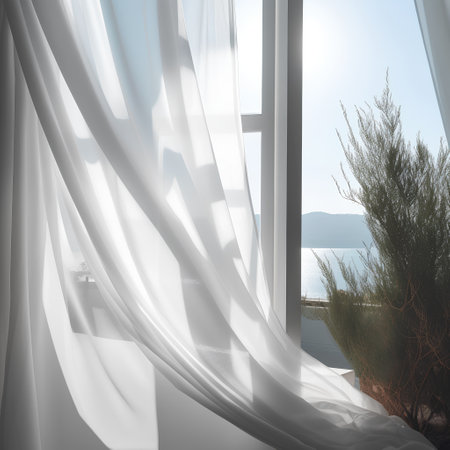 White curtain on the window with sea view. 3d rendering.の素材