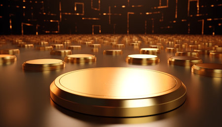 3d render of golden podium on a dark background with a lot of coinsの素材