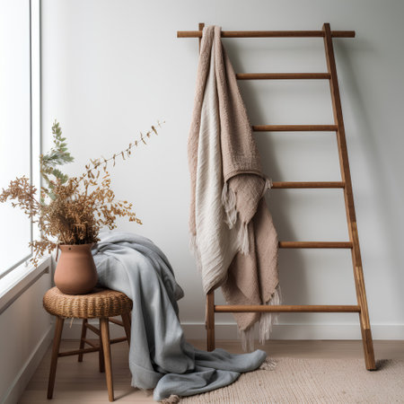 Wooden stairs in a room interior with a flower vase. 3d renderの素材