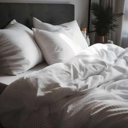 Close up of white pillows on a bed in a modern bedroomの素材