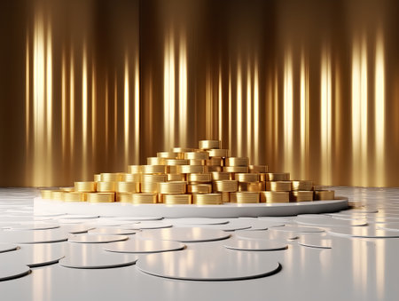 golden coin stack on podium for business content 3d rendering imageの素材