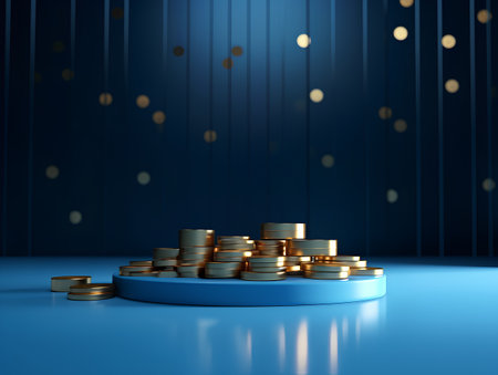 3d render of podium for product display with golden coins on blue backgroundの素材