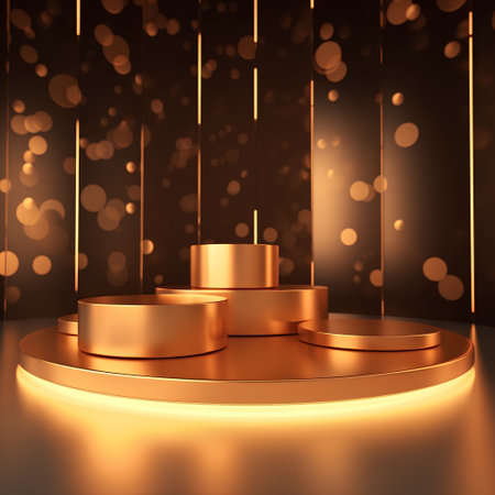 3d render, abstract background with golden podium and bokehの素材
