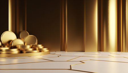 Golden podium with Easter eggs. 3d render. Abstract background.の素材