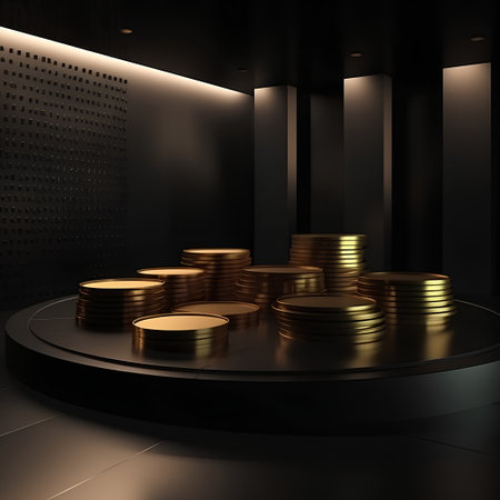 Pile of gold coins on black background. 3D rendering.の素材