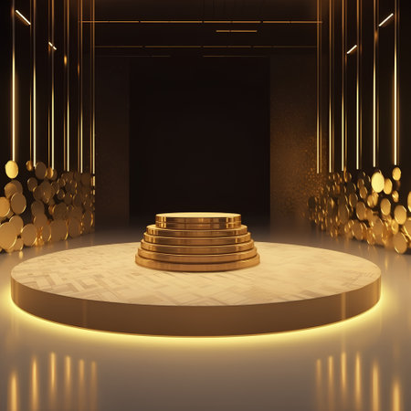 Golden podium in the dark room, 3D rendering. Computer digital drawing.の素材