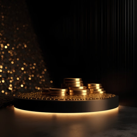 Golden coins on a dark background. 3d rendering, 3d illustration.の素材