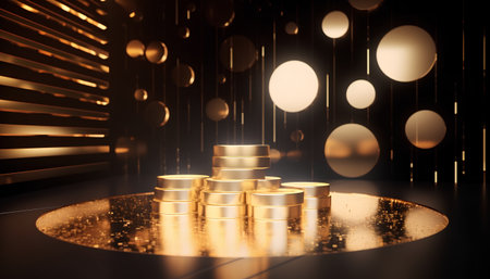 golden pedestal on golden background, 3d render, business conceptの素材