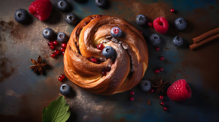Sweet buns with berries and cinnamon on rustic background, top viewの素材